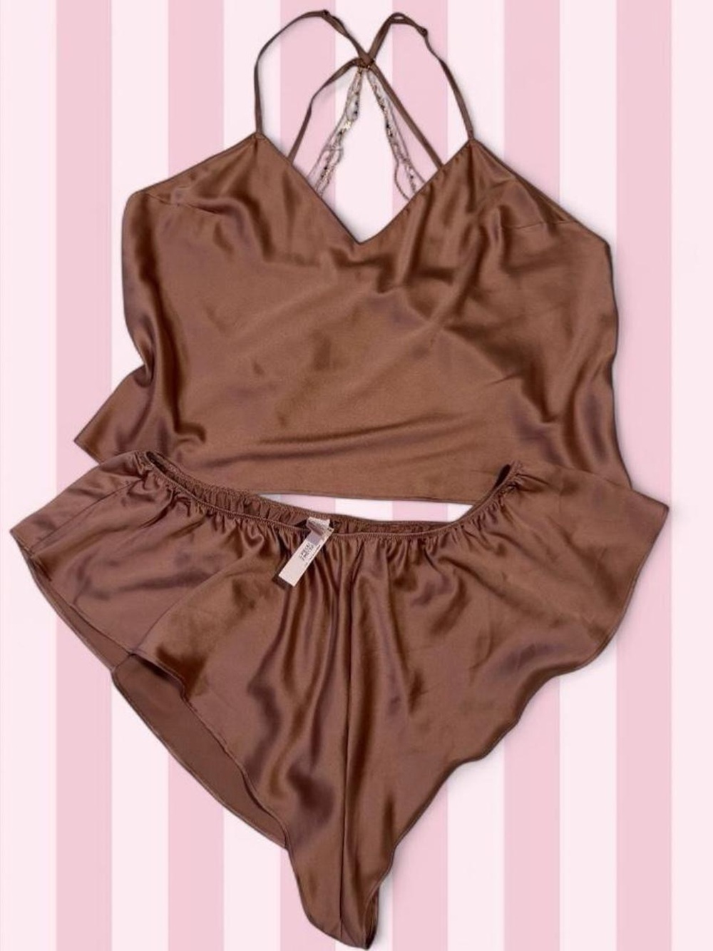 Victoria's Secret Brown Satin Lace-Back Cami & Shorts Set